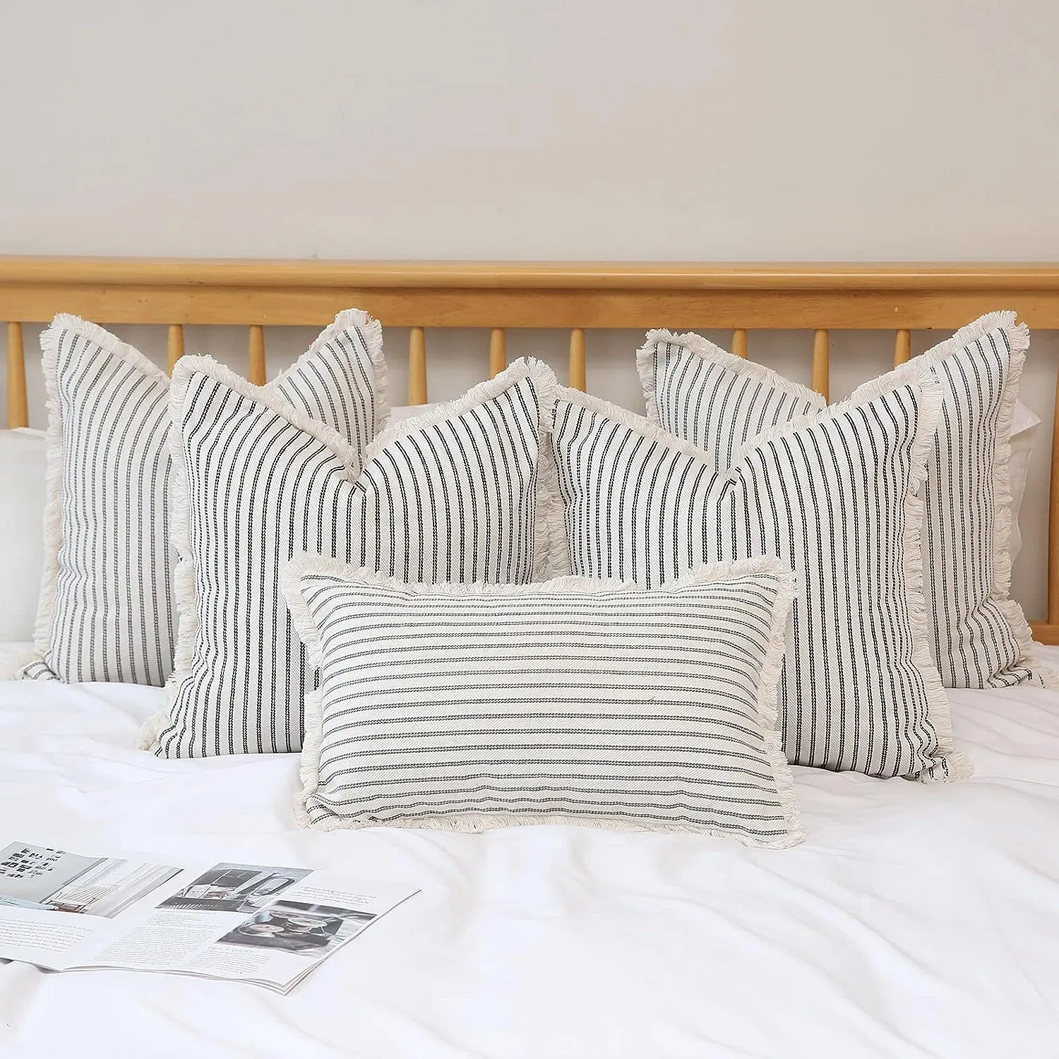 Home Decorative Farmhouse Pillowcase 18 X 18 Inch Striped Throw Pillow Covers with Fringe for Sofa Couch Bedroom