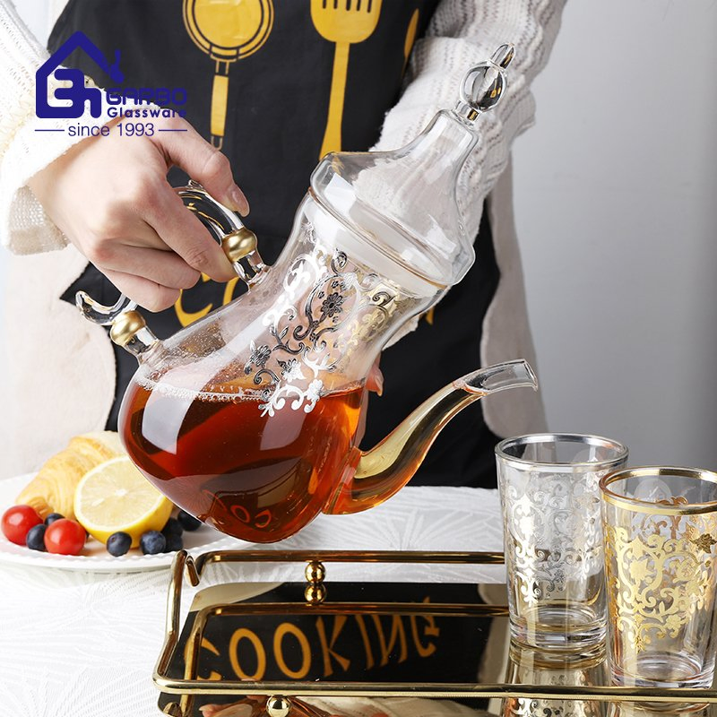 Real Gold Decal Glass Tea Pot Arab Design Special Teapot Glassware Drinking Set