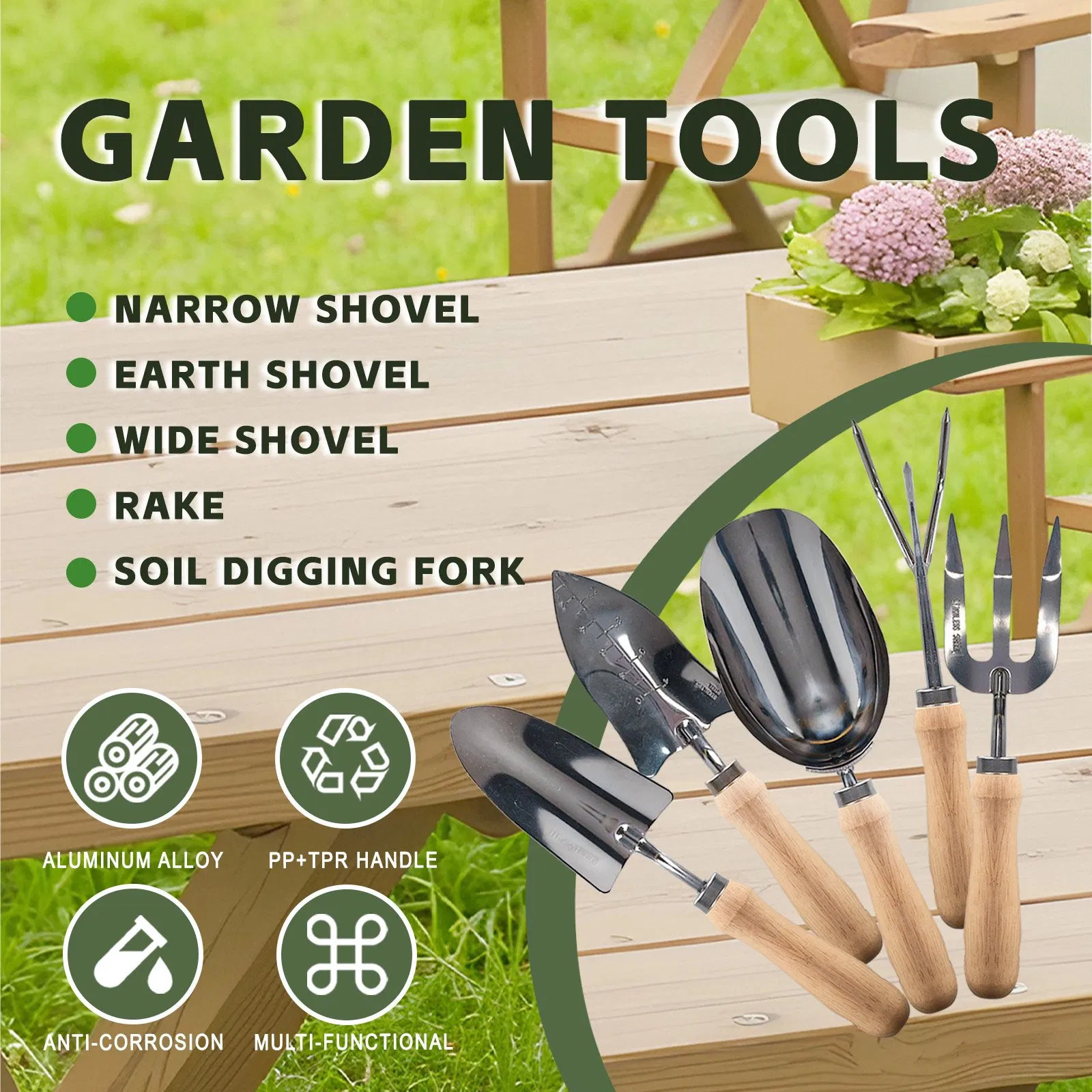 Garden Tool Set 5 Pieces Rake Shovel Fork with Ergonomic Non-Slip