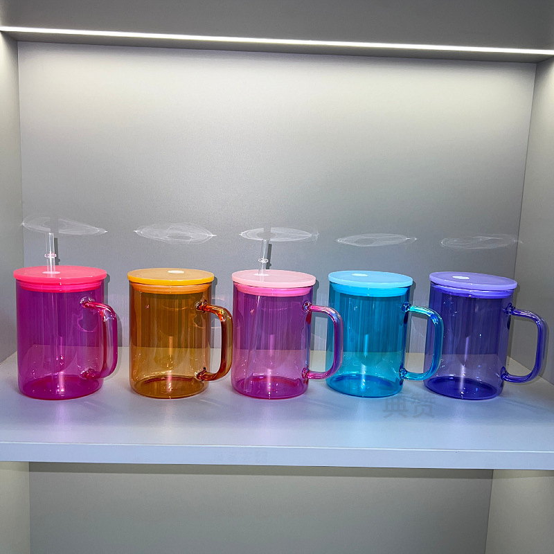 New Jelly Cup with Lids 17oz Candy Colors Sublimation Glass Can Hot Sale Beer Cups with Handle and Plastic Straw