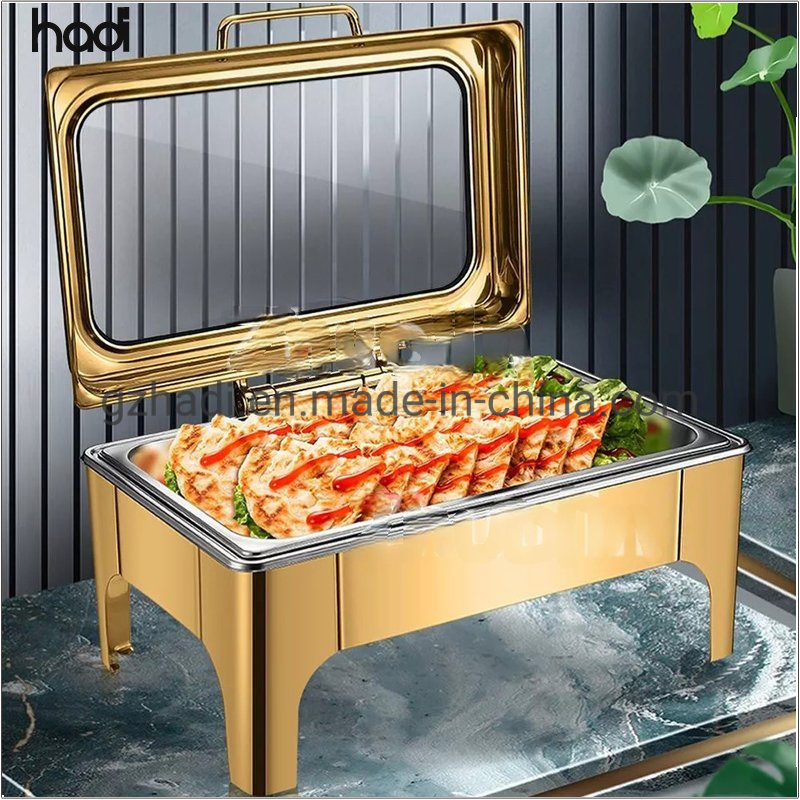 Restaurant & Hotel Supplies Luxury 9L Serving Dish Alcohol / Electric Heating Buffet Food Warmer Big Glass Lid Stainless Steel Chafing Dish