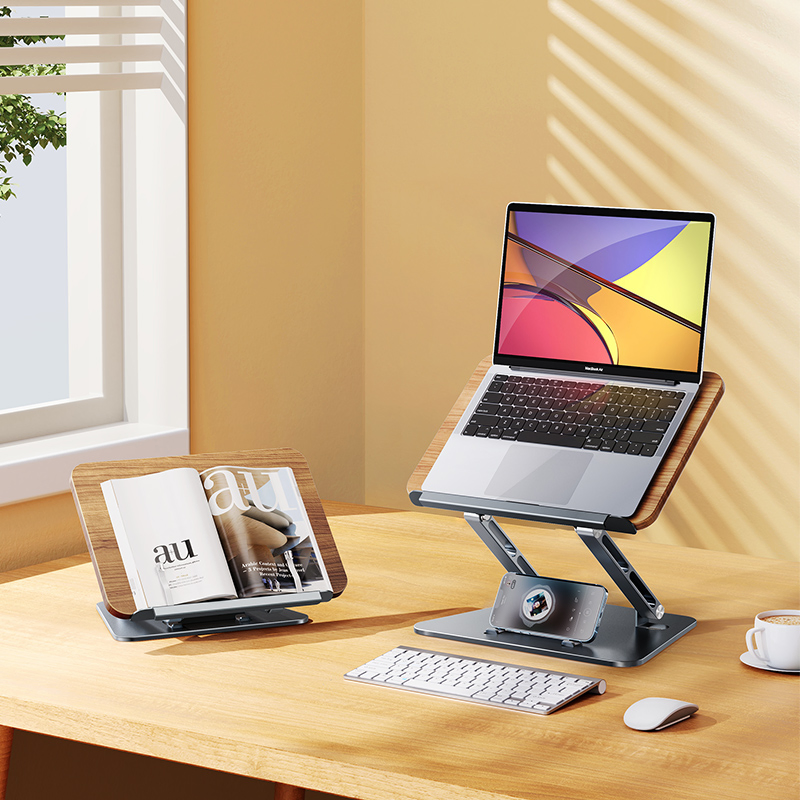 Oatsbasf L12 Wood Grain Metal Book Stand Folding Desktop Book Holder Portable Multi-Angle Adjustable Reading Stand