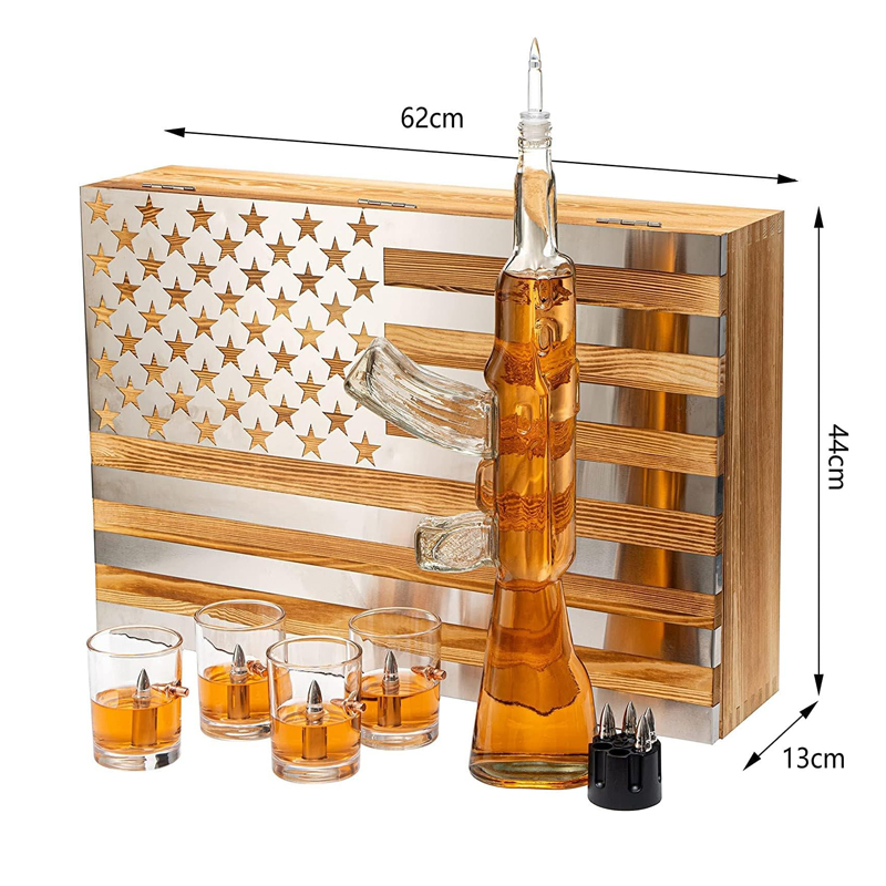 Glasses & Chillers Set in Box Hanging Storage American Flag Gift Box with Silver Metal Flag Whiskey Decanter Flag Set
