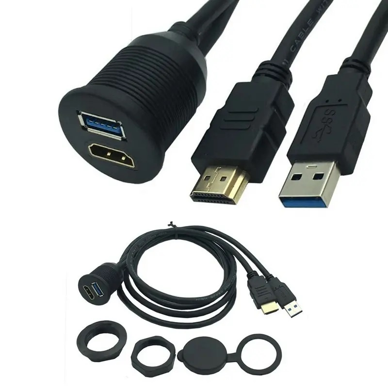 Hot Sale High Speed HDMI USB3.0 Car Front Panel Mount Cable HDMI USB3.0 Male to Female Waterproof Extension Cable