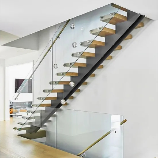L Shape Solid Wood Straight Metal Staircase with Tempered Glass Railing Design
