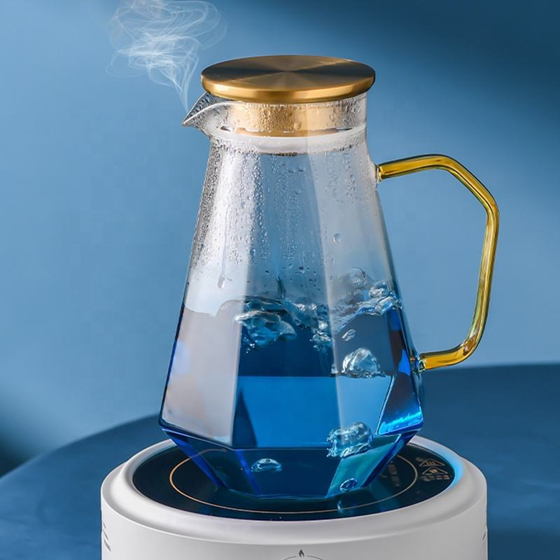 Luxury Blue Glass Water Kettle Set with Diamond Bottom and Golden Handle