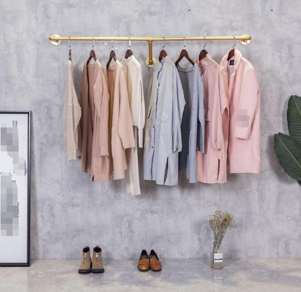 Industrial Golden Pipe Wall Mounted Towel Clothing Hanging Shelves Type E Storage Metal Garment Rack for Clothes Retail Display