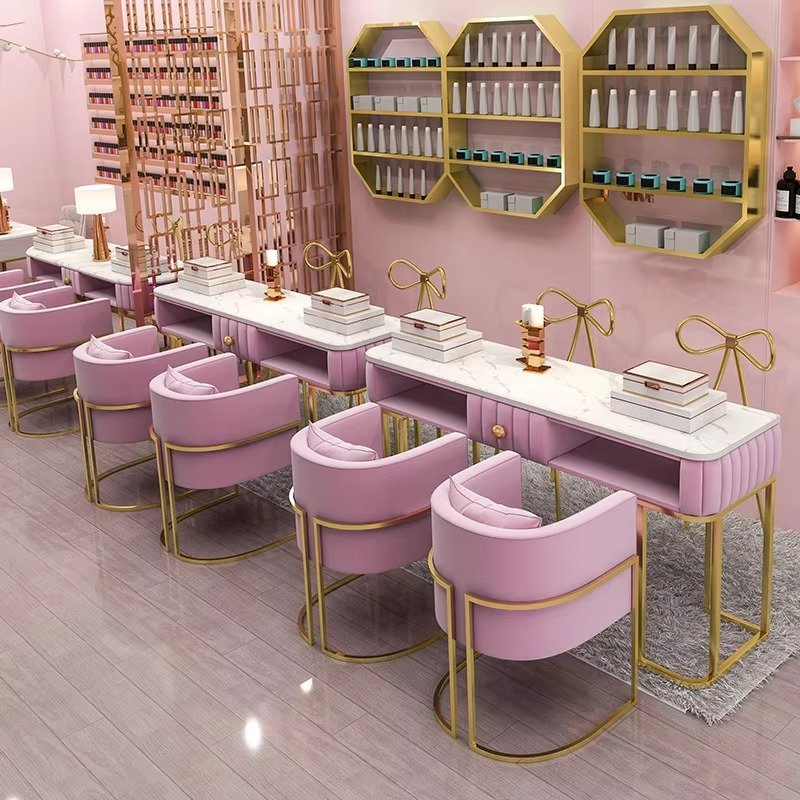 Hot Sale Nail Bar Station Salon Furniture Pink Nail Table Desk Set Gold Base Manicure Table and Chair Set