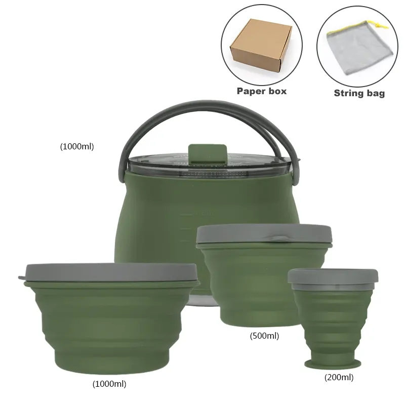 Four Plece Set Portable Silicone Camping Collapsible Kettle Pot Bowl Cups Cook Set with Custom Logo
