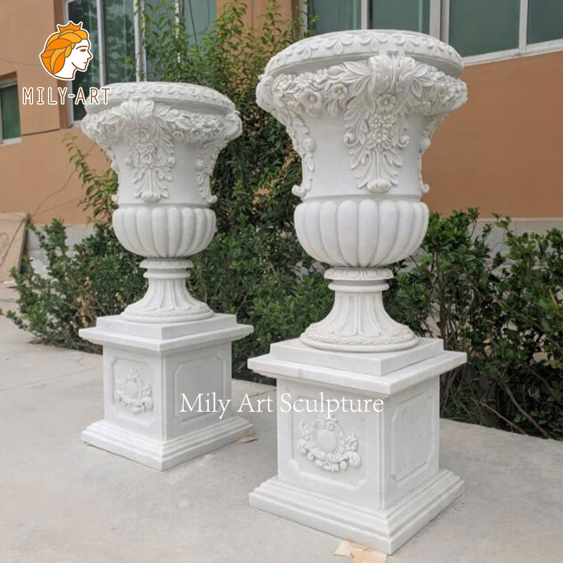 Detailed Carving Stone Planter Natural White Marble Flowerpot for Home