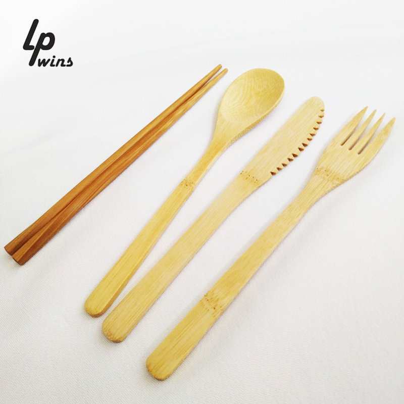 Wholesale Customized Eco-Friendly Home Gift Wooden Bamboo Knife Spoon Chopsticks Tableware with Storage Pouch