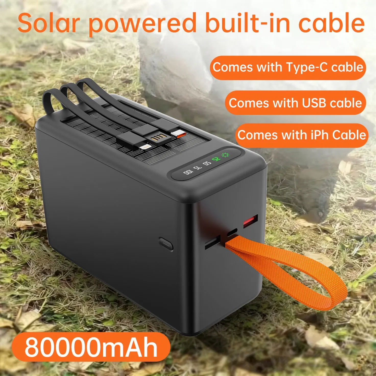 80000mAh Portable Solar Power Bank 22.5W Built-in Cable Battery Charger Aspor A377