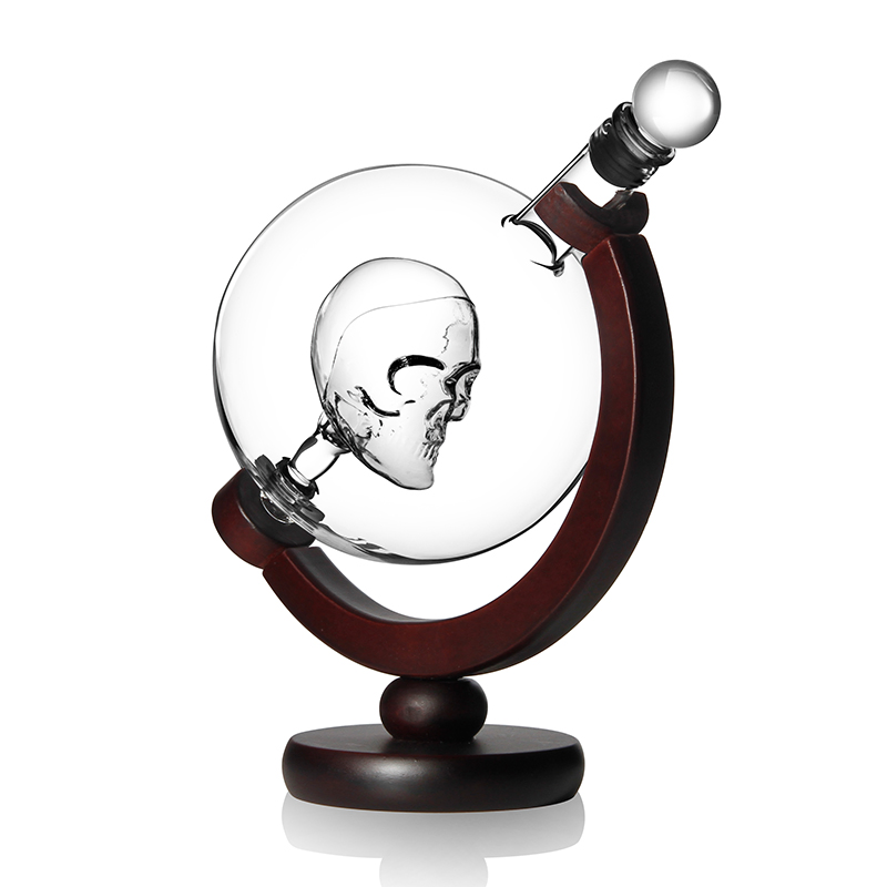 High Borosilicate Skull Decanter Dispenser Cup Set Globe Shape with Wooden Base