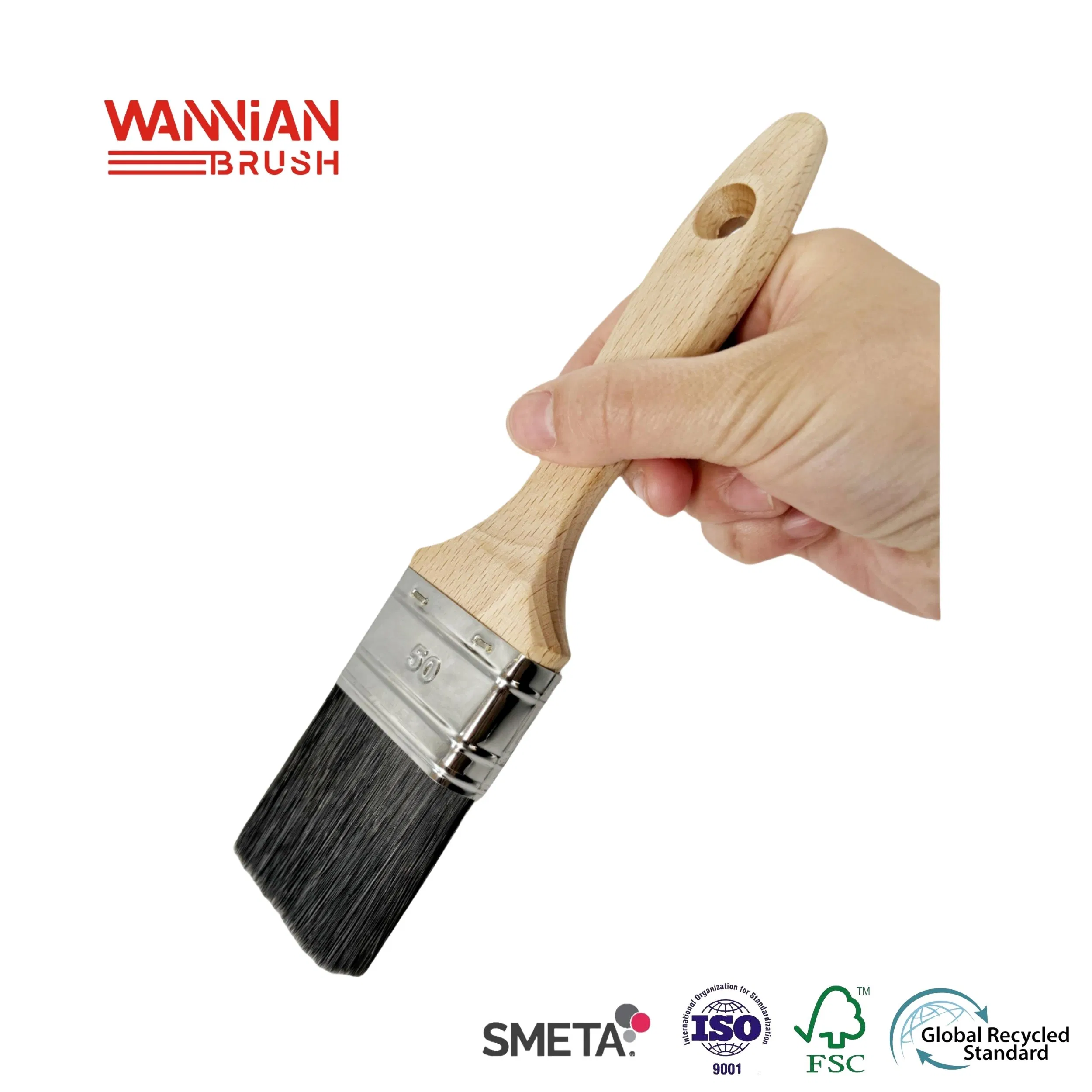 50mm High Quality Beech Wood Handle Stainless Ferrule Tapered Filament Flat Brush Paint Brush