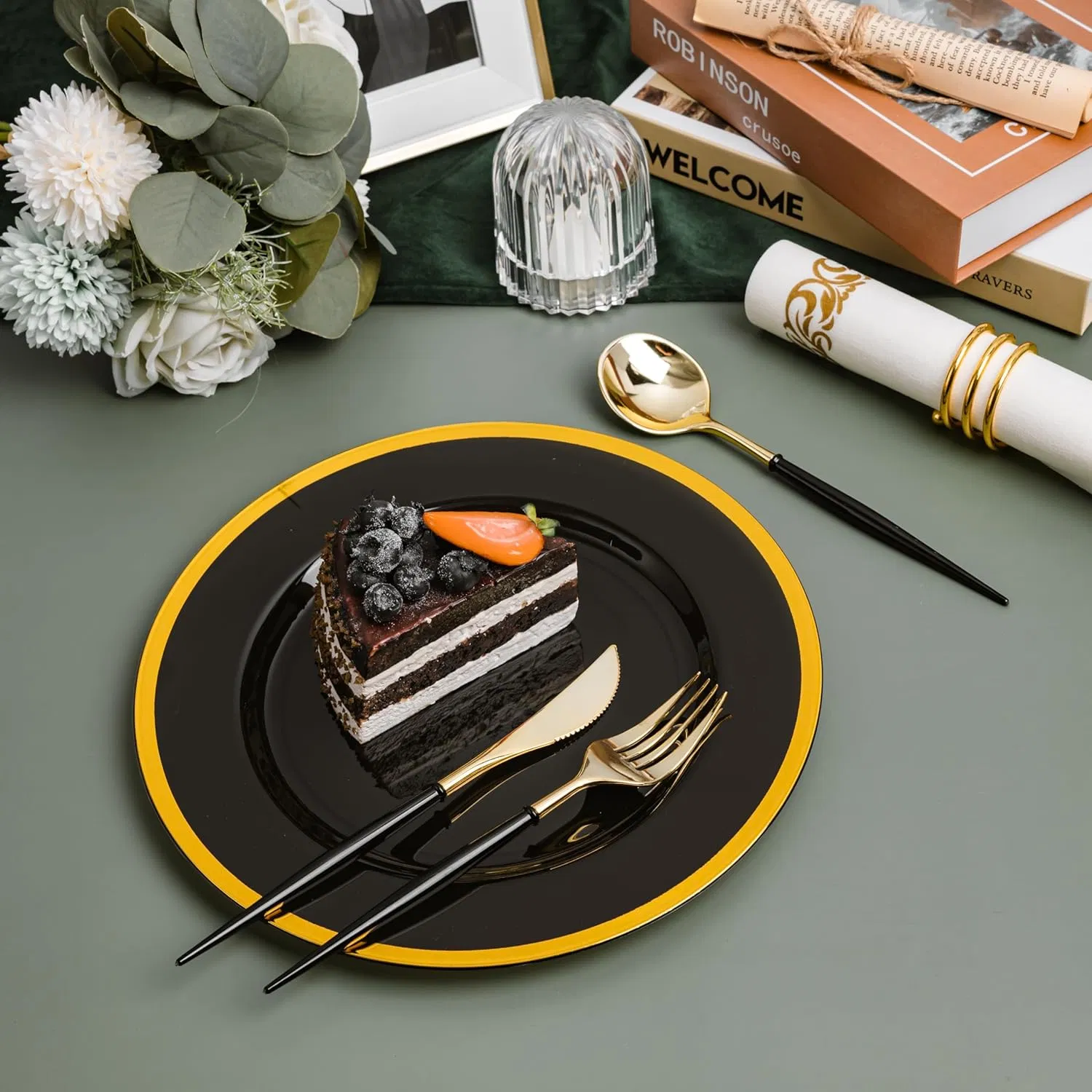 Gold Plastic Cutlery Set with Black Handle Fancy Plastic Silverware, Heavy Duty Spoons, Forks, Knives for Halloween and Everyday Use