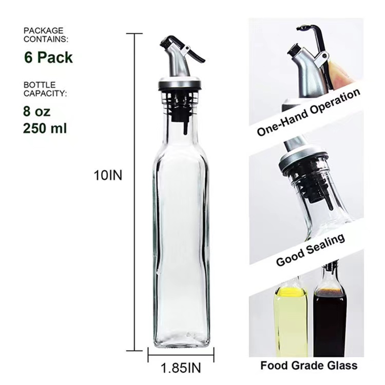 250ml Transparent Square Glass Olive Oil Bottle with dispenser