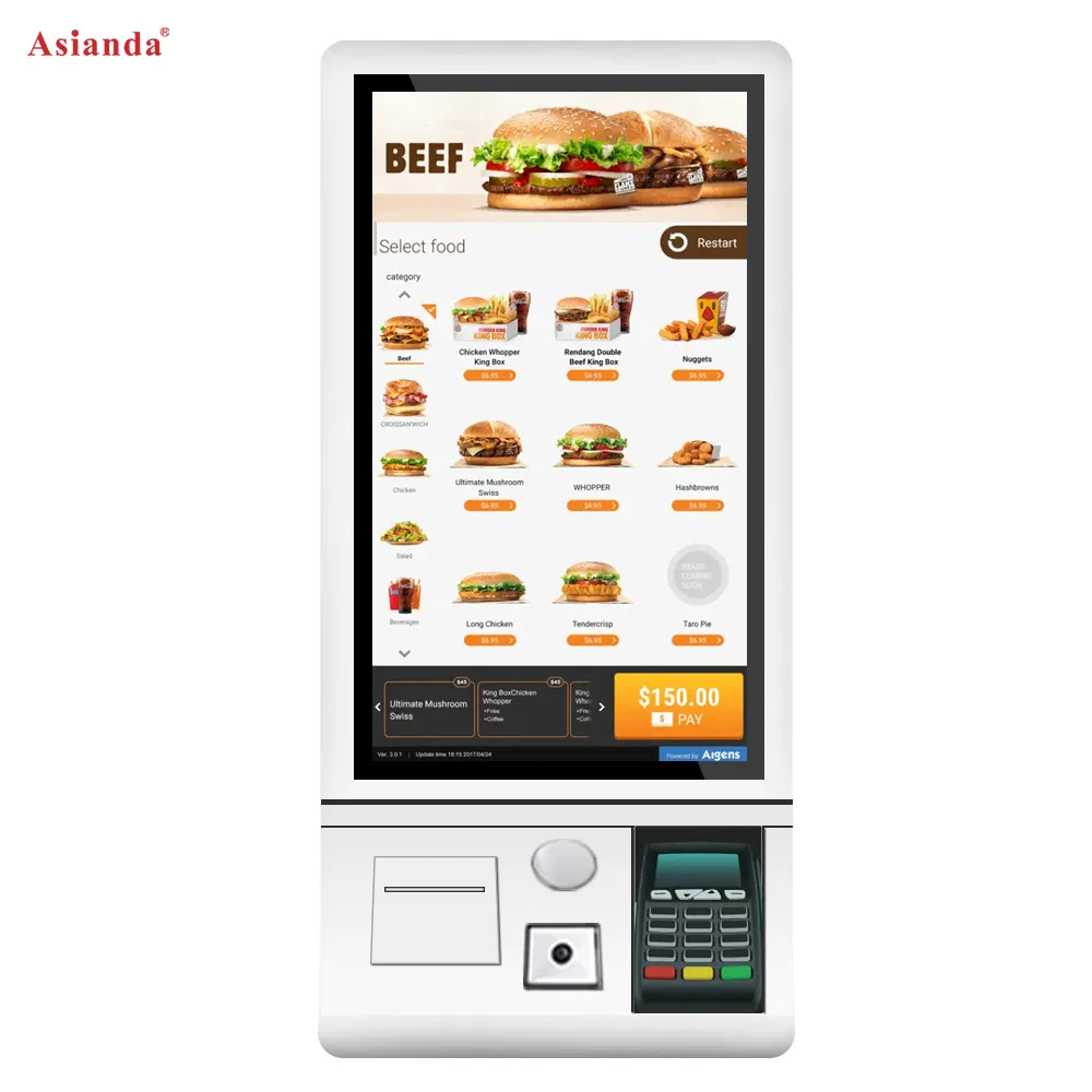 Floor Stand 24 Inch Self Service Bill Payment Kiosks Touch Screen Order Fast Food Wall Mount Retail Digital Signage Printer Terminal Kiosk