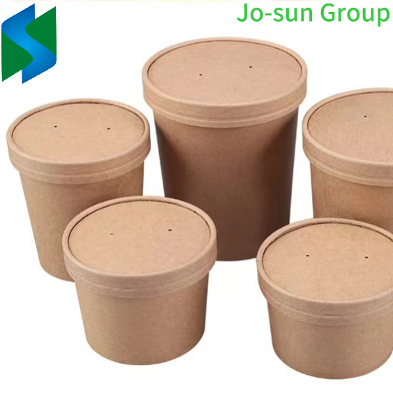 Jo-Sun Disposable Kraft Paper Soup Cup with Paper Lid Lunch Packing Takeout Food Packaging Bucket