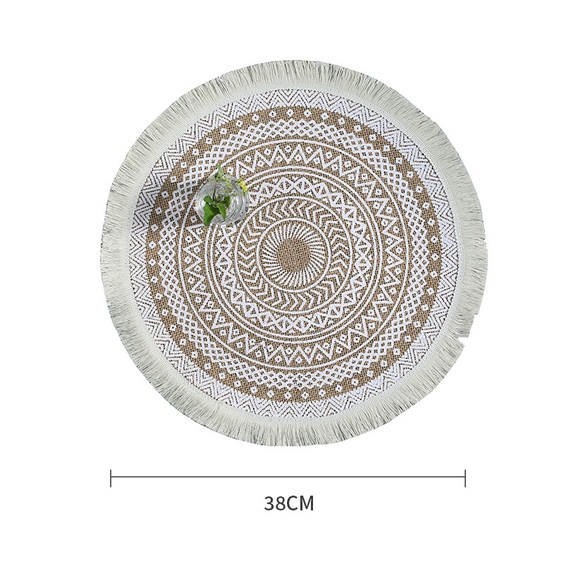 Fringed-Decorated Round Placemat, Eco-Friendly Natural-Colored Jute Vintage Screen Printing Pad