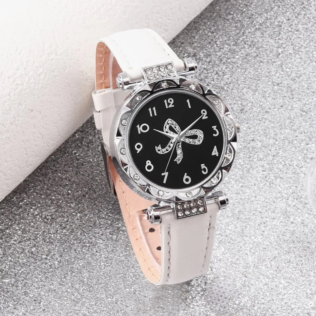 Elegant Floral Bracelet Jewelry Set and White Leather Women's Watch Set