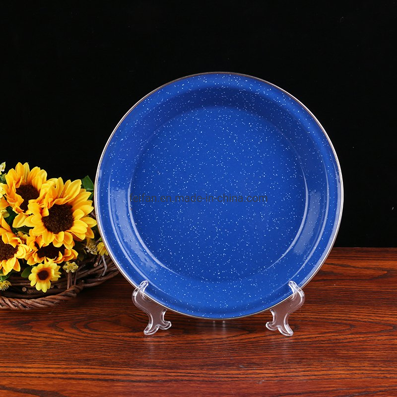 Round Enamel Dinner Plate Tableware with Stainless Rim