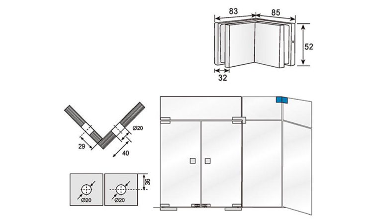 Heavy Duty Stainless Steel Frameless Door Square Sidelite 90 Degree Short Glass Patch Fitting