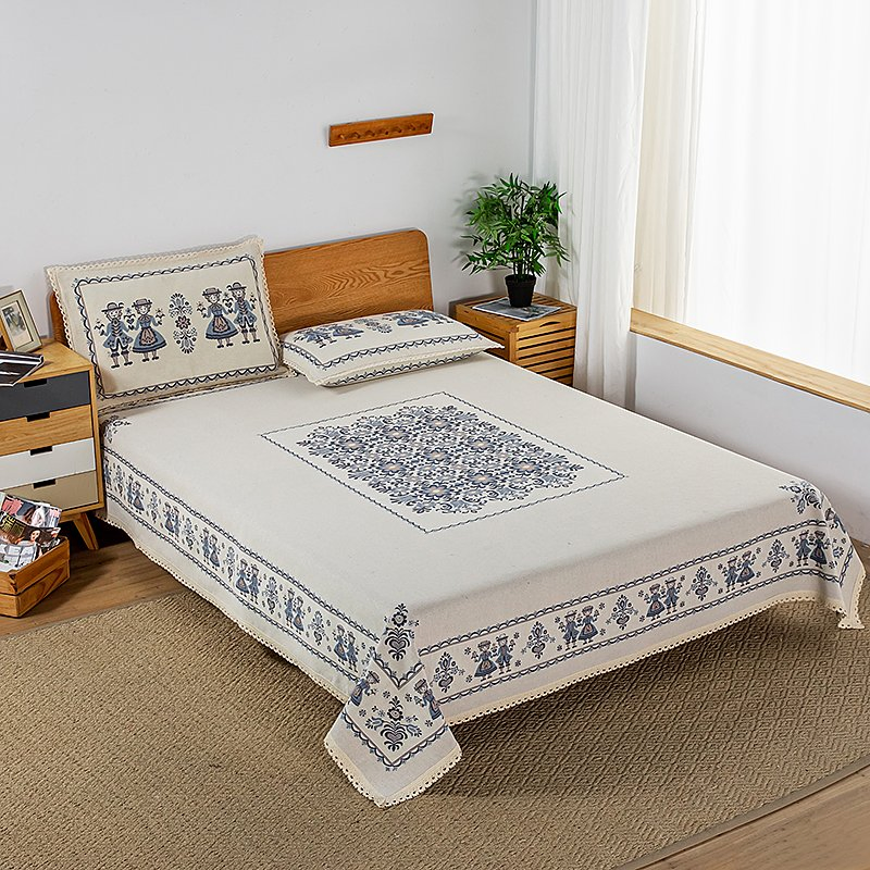 Stylish Cotton Hemp Jacquard Bedding Set Pillowcases Fitted Bedding Sheet for Home