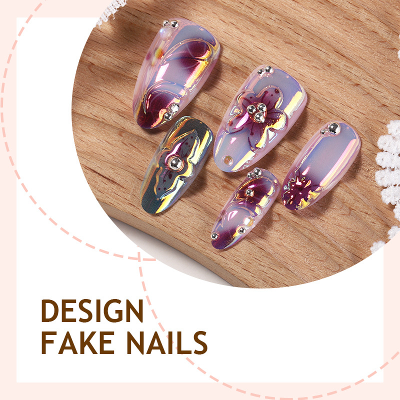 Foreign Trade 30 Pieces Three-Dimensional Blush Ice Flower Bubble Butterfly Starlight Ins Wind Wearable Nail 24 Pieces Press on Nail