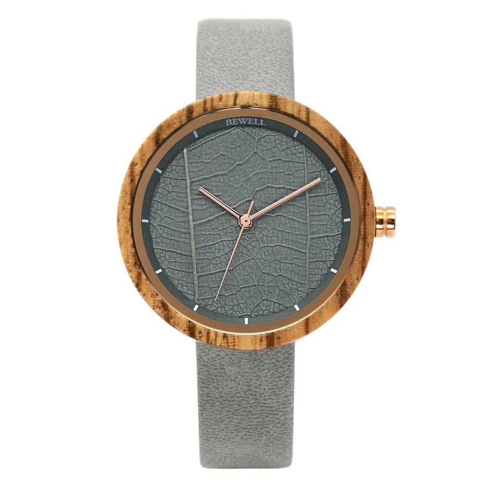 New Lady Watches Silm Wood Case and Vegan Leather Real Leaf Dial 3ATM Water Resistant Woman Wooden Watch