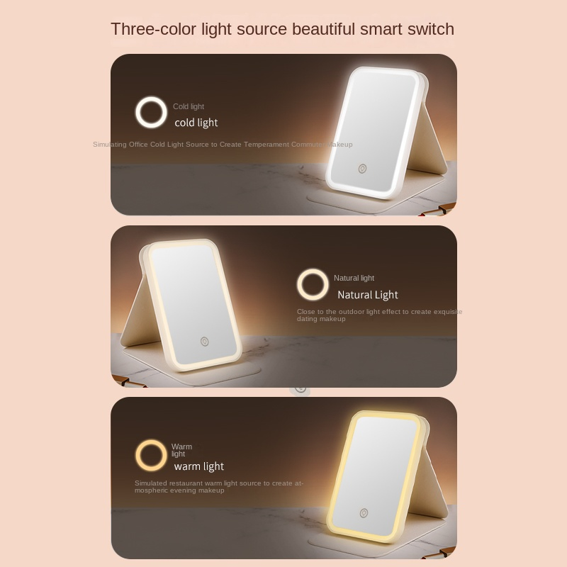 USB Rechargeable LED Makeup Mirror with Three-Color Stepless Dimming
