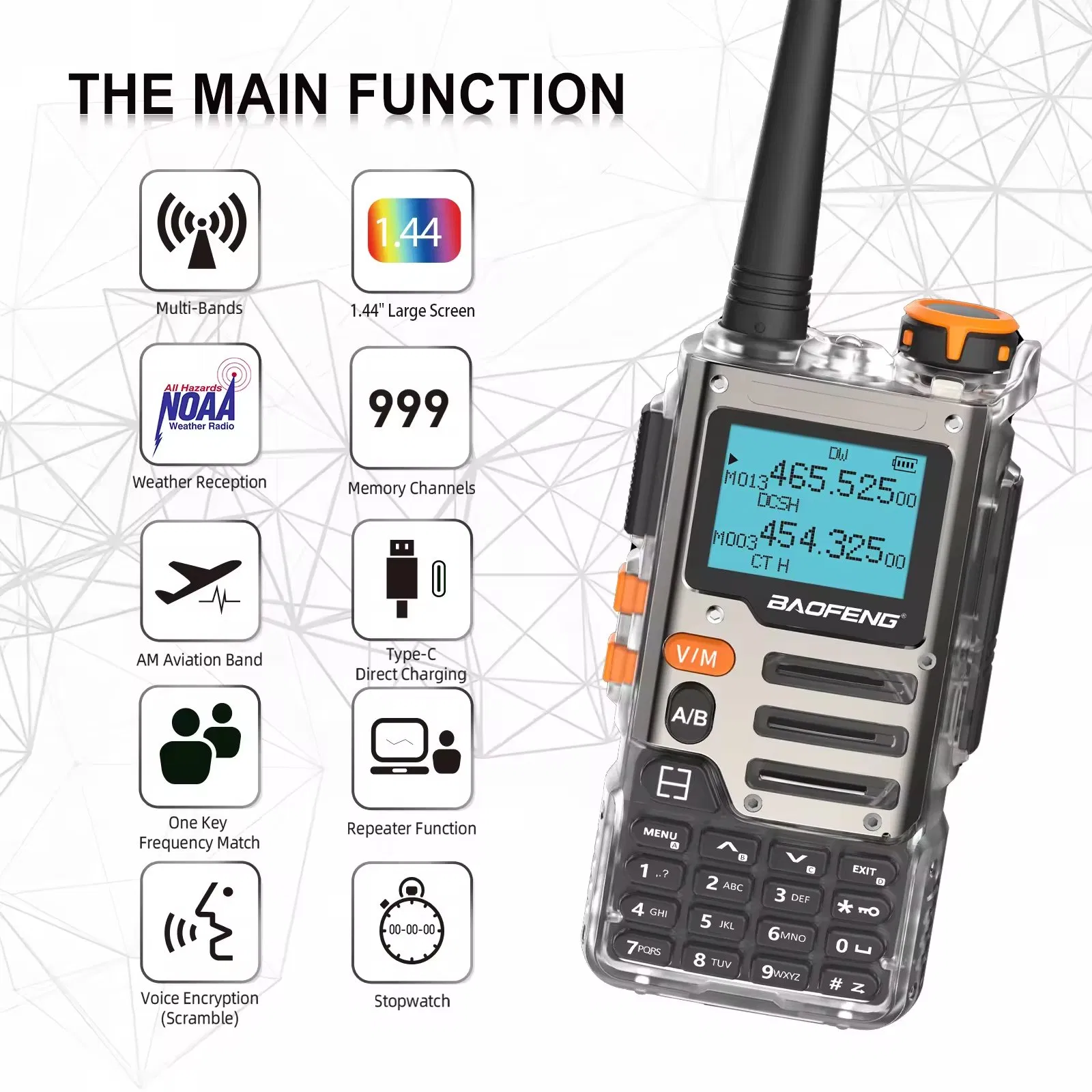 Радиостанция Baofeng UV-K68 5W, прозрачный корпус
