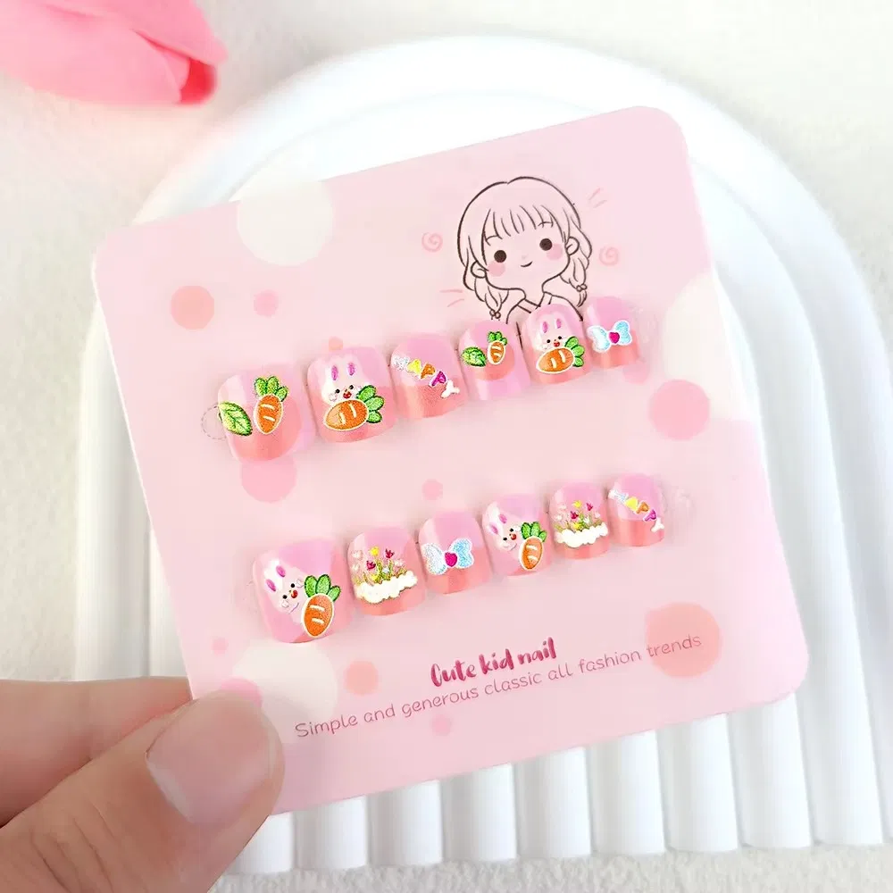 Cute Flower Cartoon Kids Press on Nail Art Set with Rhinestones