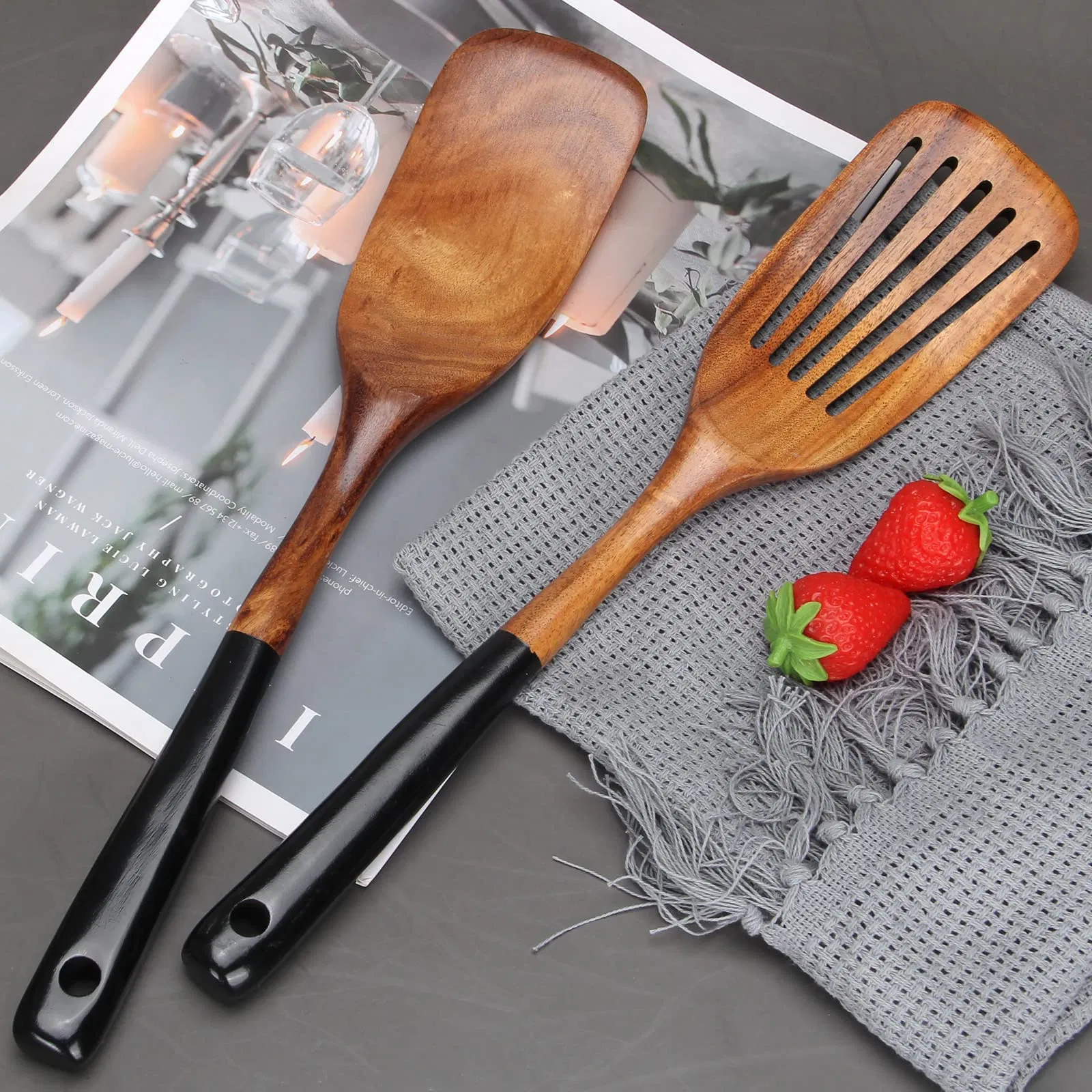 Wooden Spatula Kitchen Slotted Turner Flat Wood Flipper Wok Turner Spatula