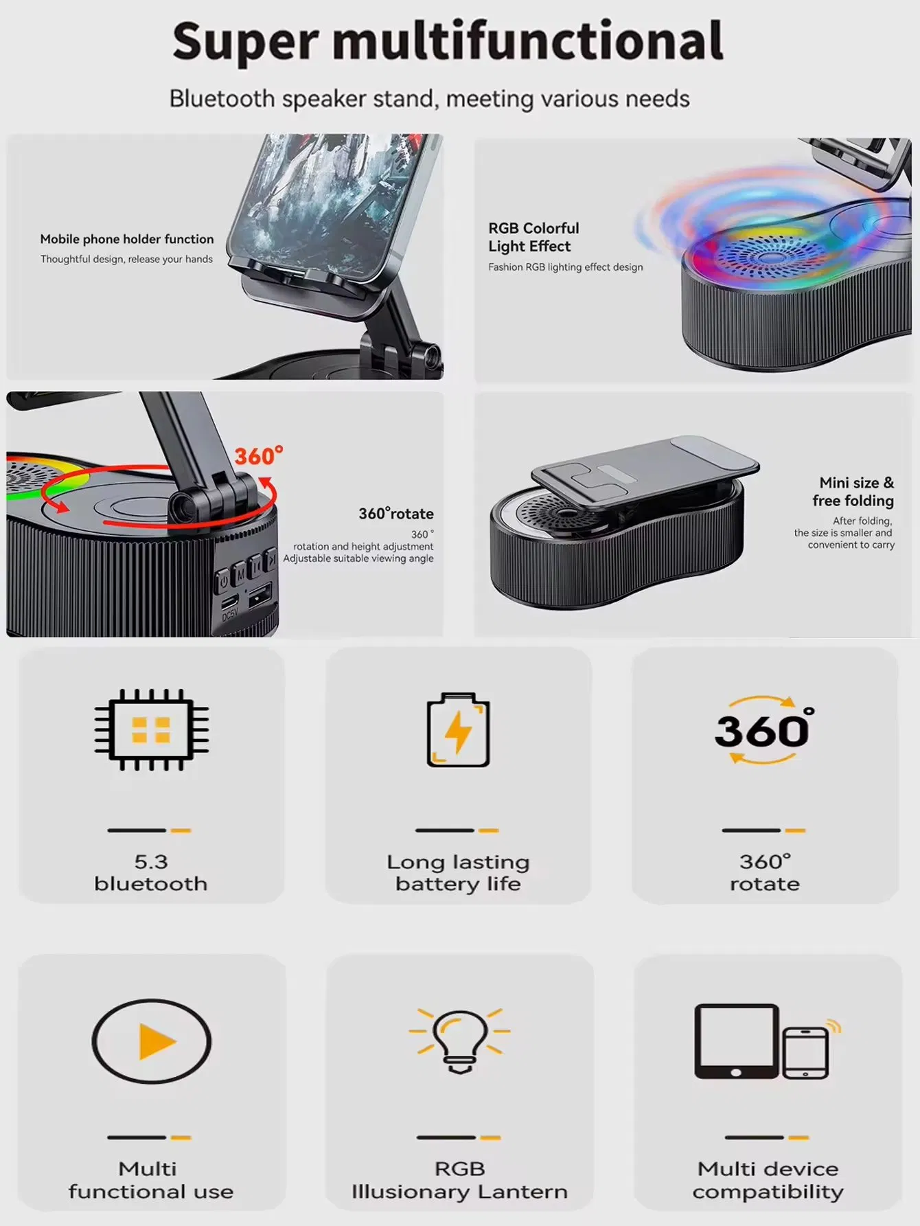 2025 3-in-1 Portable Foldable Phone Stand Wireless Charger, Bluetooth Speaker, RGB Lights, Desktop Live Streaming Holder for Home, Outdoor, Music, Gaming