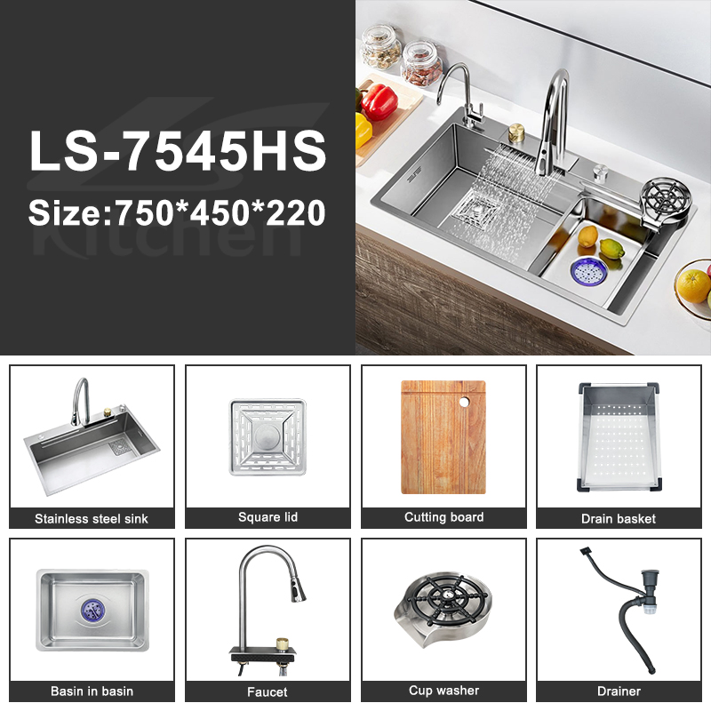 Modern Multifunctional Undermount Sink 304 Stainless Steel Smart Waterfall Kitchen Sink with Faucets