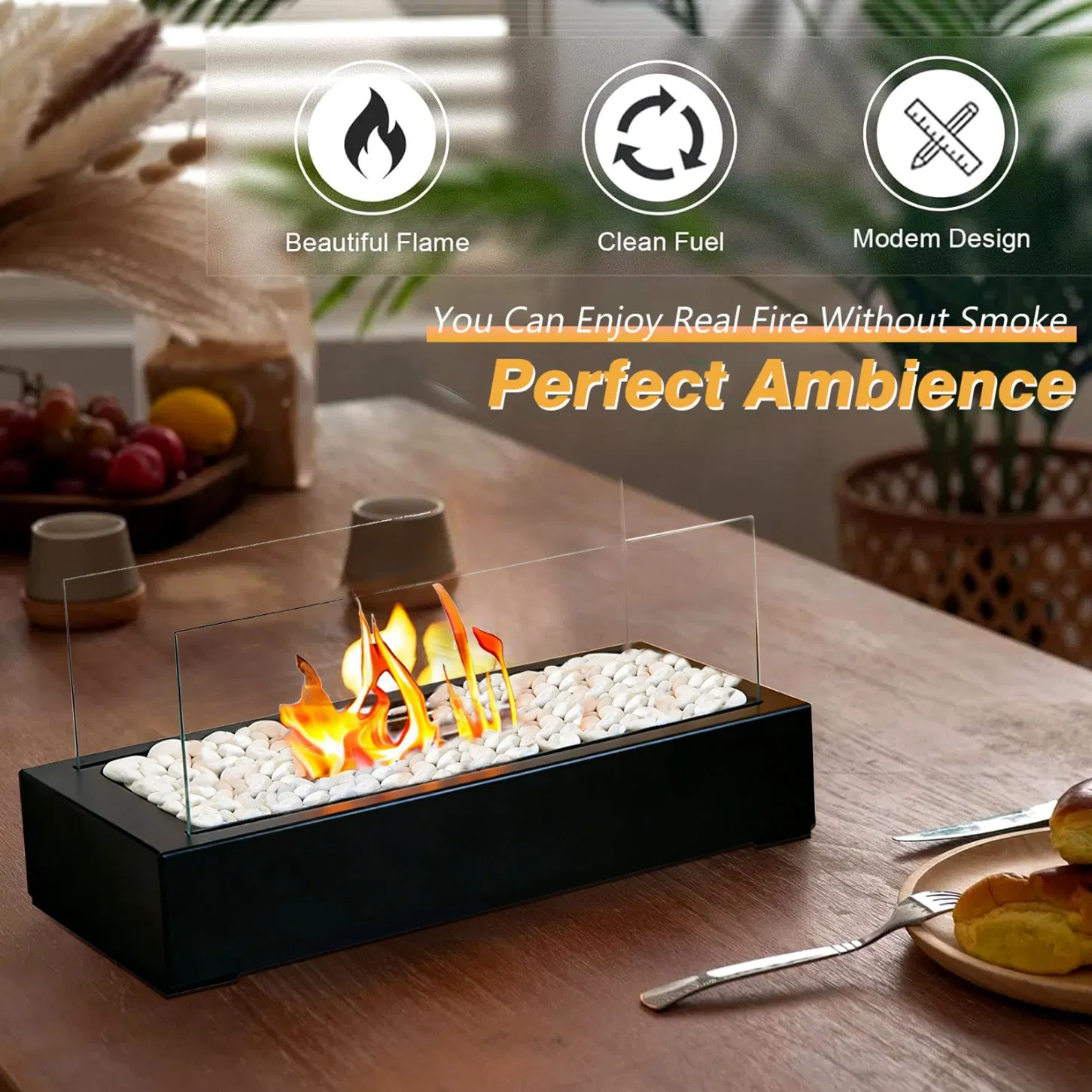 Freestanding Ethanol Fireplace Durable Rectangular Tabletop Fireplace with Tempered Glass