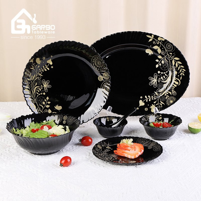 Microwave Safe Black Opalware Glass Dinner Set India Style 33PCS Opal Glass Dinner Set with Customized Decal