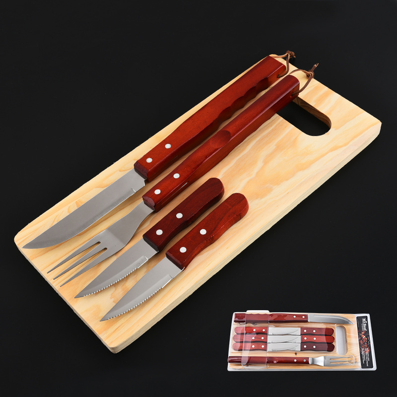 Wholesale Multifunctional Portable Grill Set Stainless Steel Wooden Handle Steak Knife, Fork and Spoon BBQ Tools Set