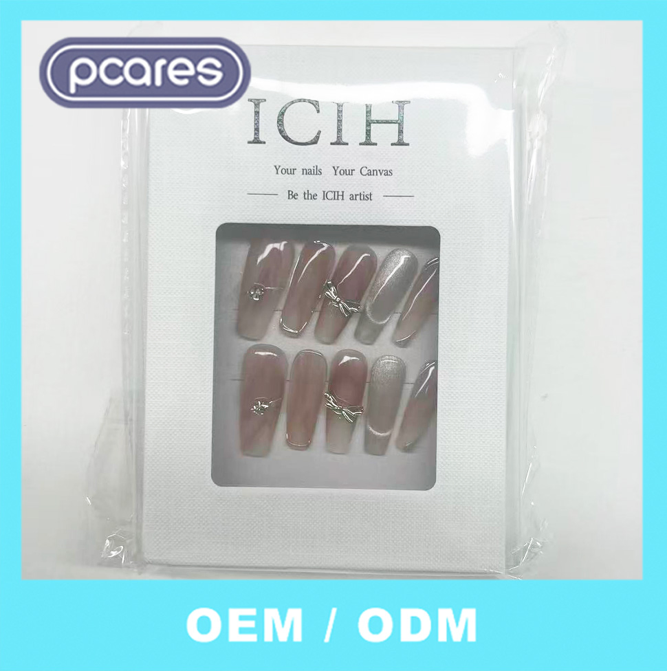 Medium Artificial Nail Tips Tapered Glossy Nude Pink Fake Nail 3D Strass Full Cover Press on Nail L5648