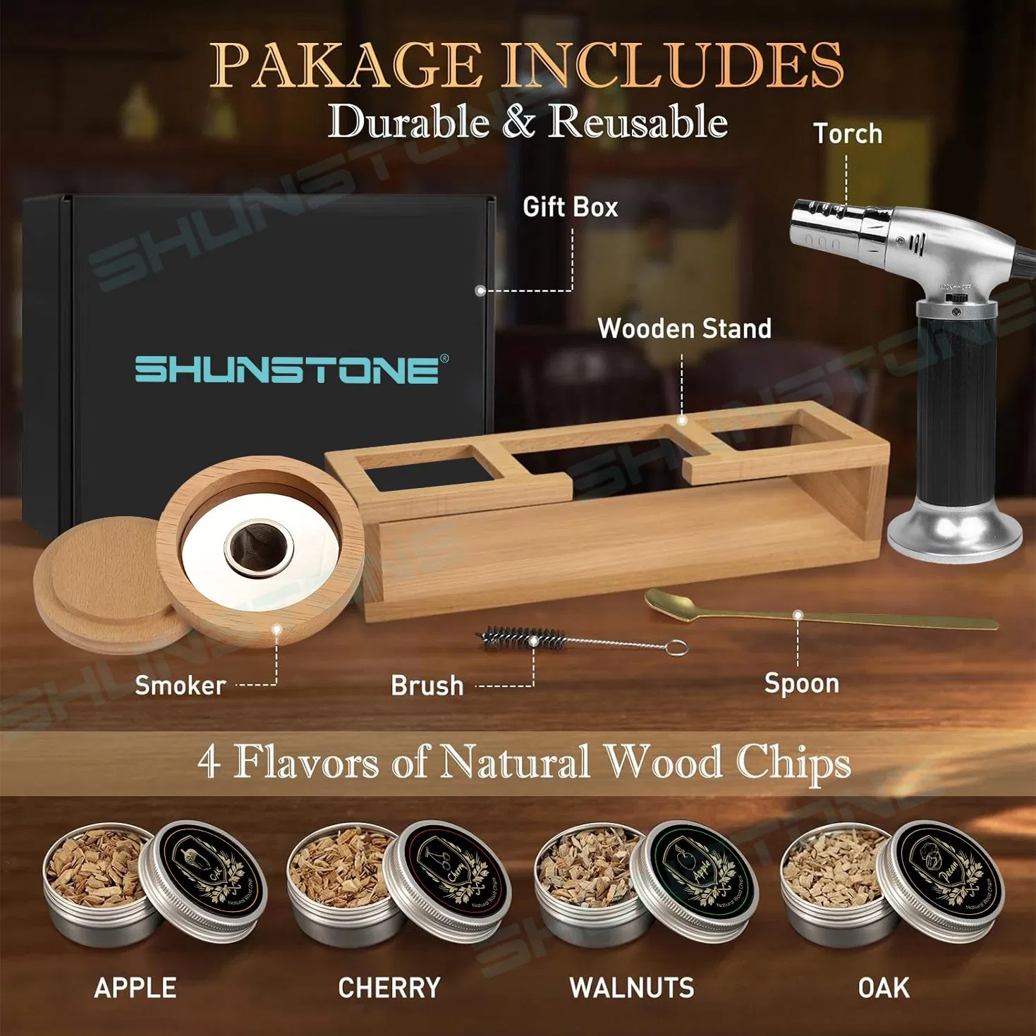 Creative Old Fashioned Cocktail Smoker Kit with Stand Torch Wood Chips Whiskey Smoker Gift Set for Whiskey Bourbon Cocktail