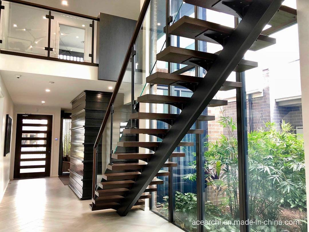 Indoor Mono Stringer Steel Open Riser Glass Railing Straight Stair