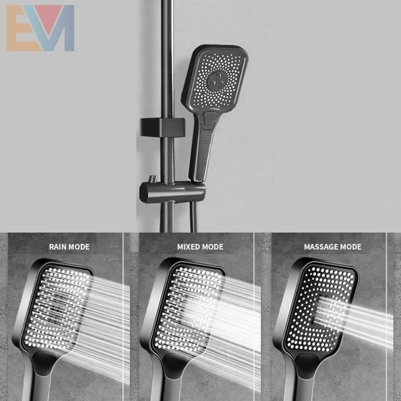 Metal Gun Luxury Hotel 4 Function Rainfall Head Shower Column System Set Exposed Wall Mount Bathroom Wash Room Piano Shower Set