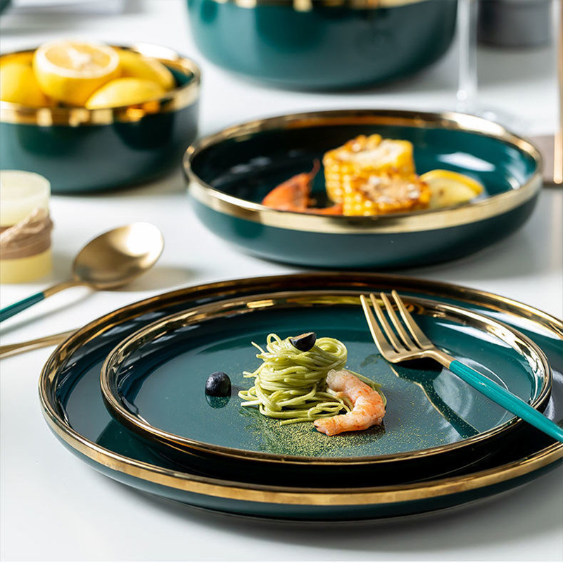 Emerald Green Ceramic Dinner Set with Elegant Golden Edges