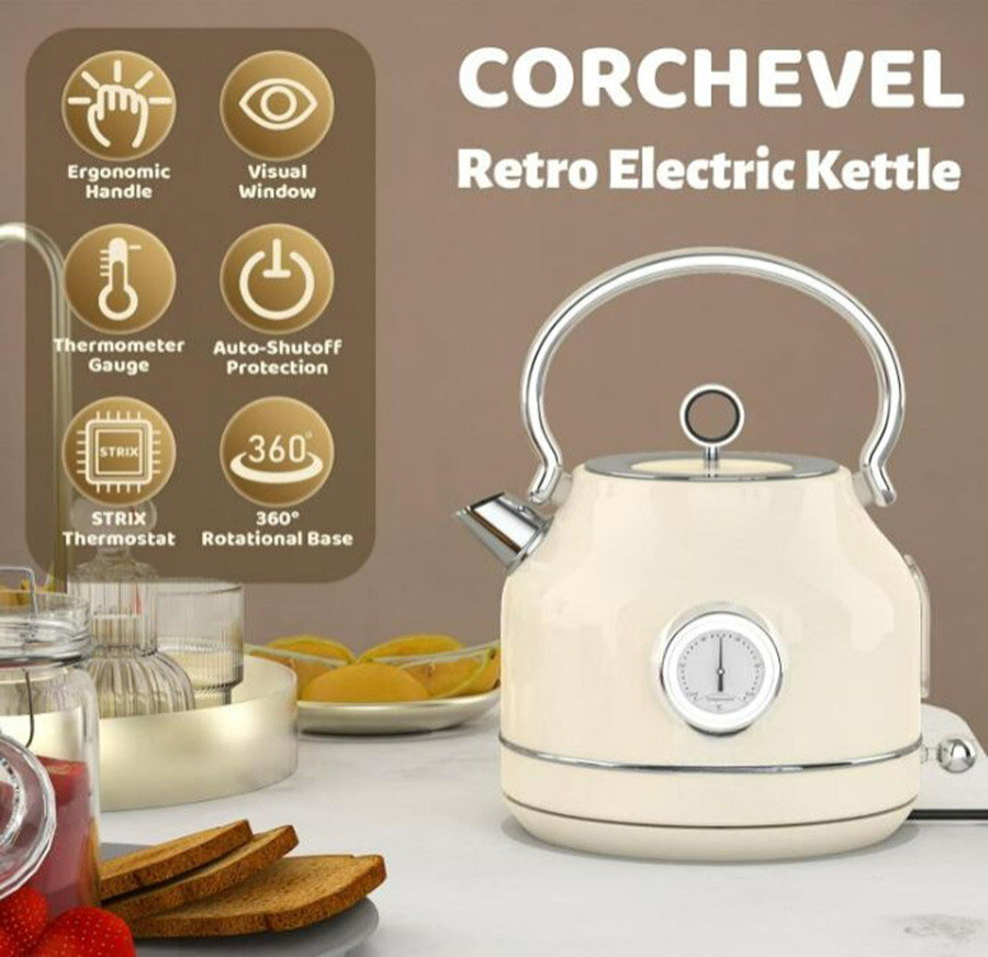 1.7L Retro Stainless Steel Tea Pot Hot Water Boiler Electric Kettle