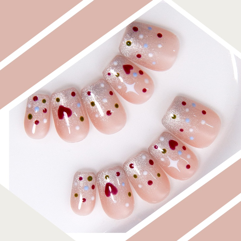 Sweet Pink Glitter Press-on Nails with Heart and Star Patterns