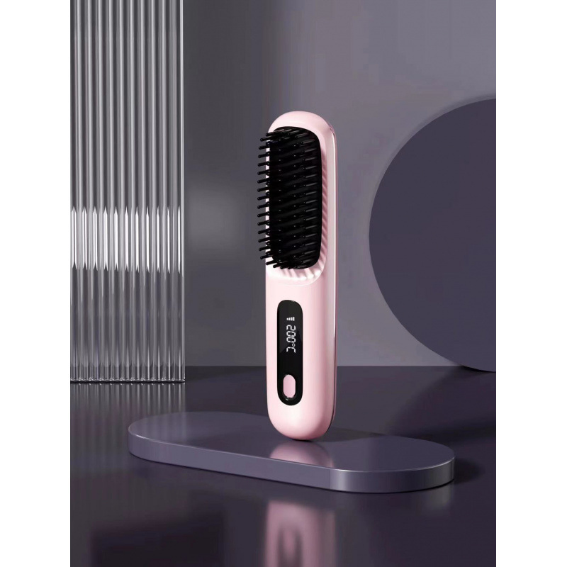 Rechargeable Ceramic Hair Straightener Brush Wireless Negative Ion 2-in-1 Cross-Border Wholesale