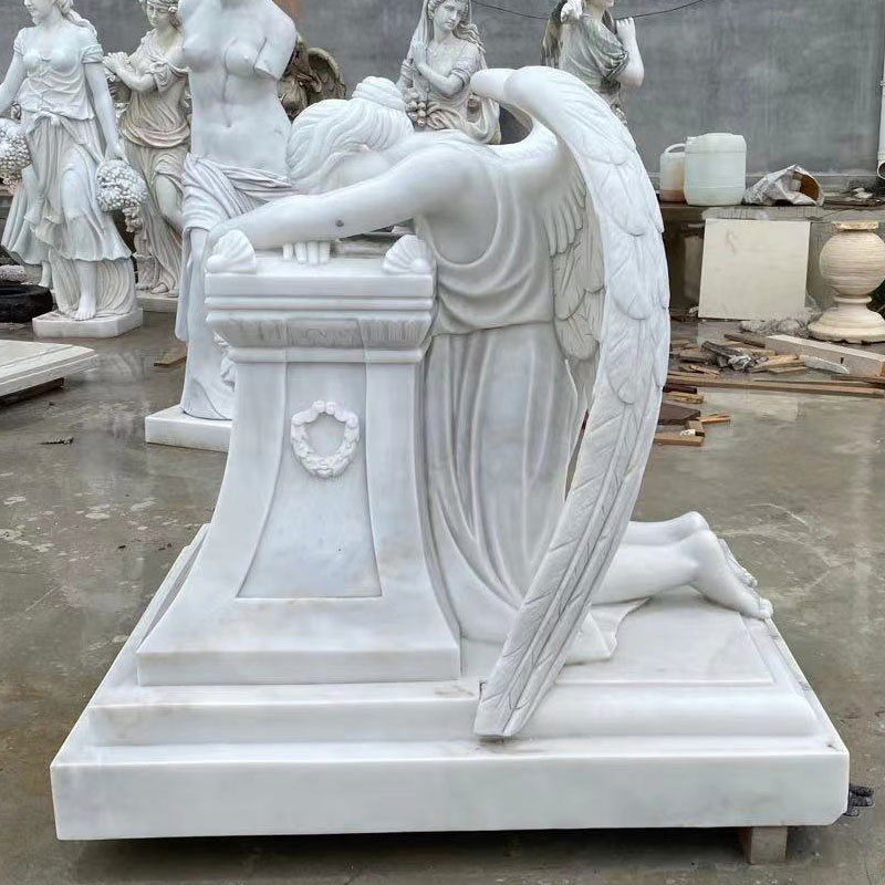 Cemetery Decoration Angel Carving Statue Moment Life Size Natural White Marble Crying Angel Statue Tombstone