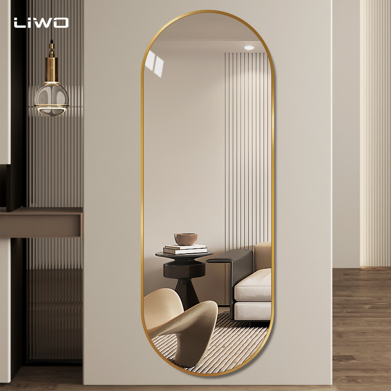 Modern Arched Shape Full-Length Mirror Aluminum Alloy Framed Silver Glass Wall-Mounted Vanity Dressing Clothing Cosmetic Living Room Furniture Home Decoration