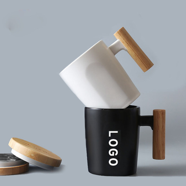 Promotional Custom Ceramic Coffee Tea Cup Mug with Wooden Handle Bamboo Lid