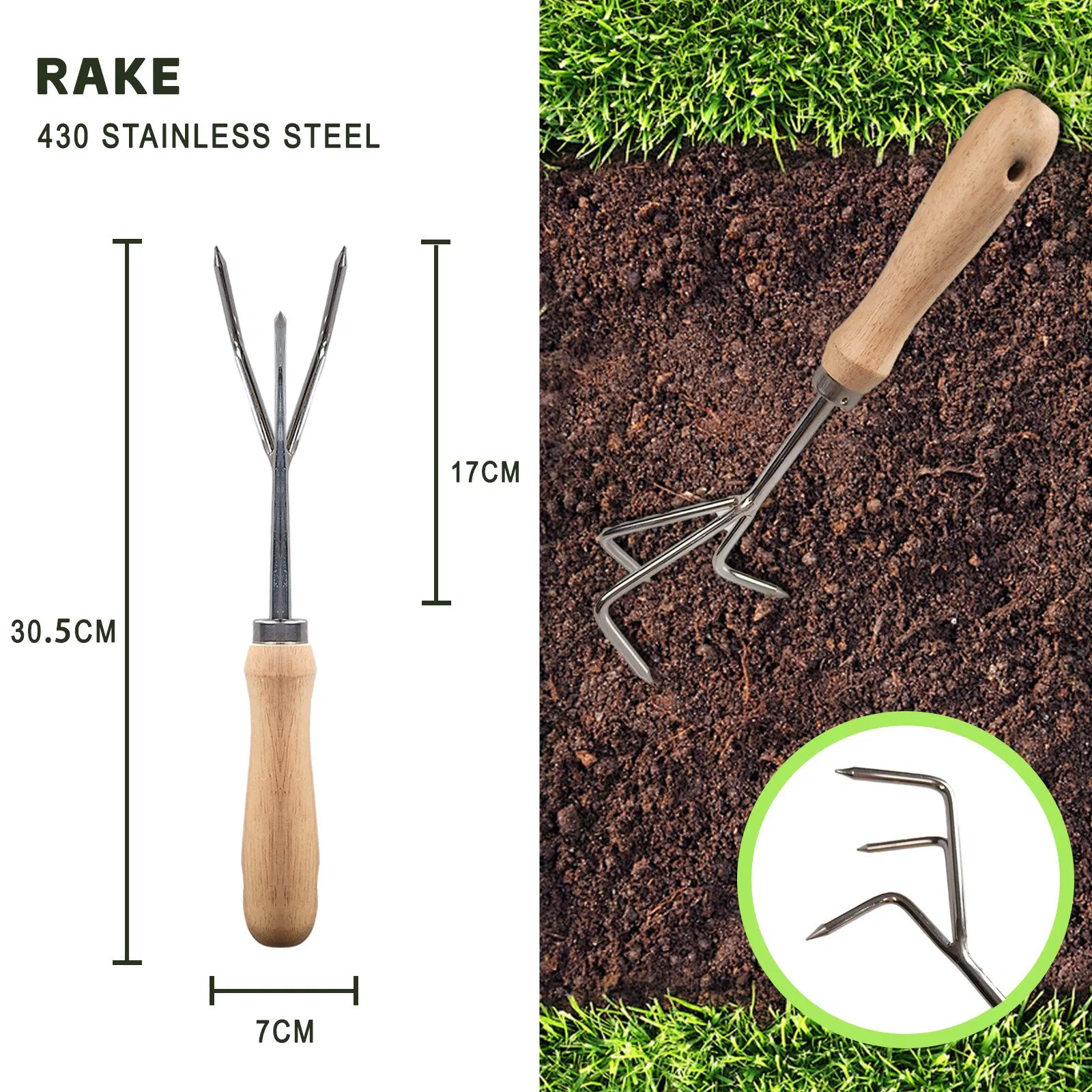 Garden Tool Set 5 Pieces Rake Shovel Fork with Ergonomic Non-Slip